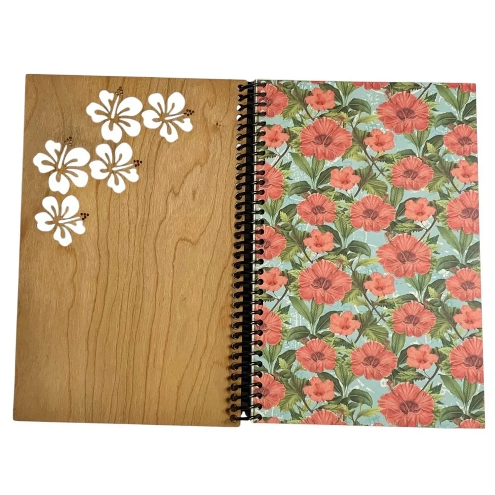Hibiscus Floral Wooden Cover Spiral Sketchbook Unlined Notebook Journal, [NEW]